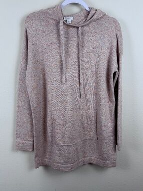 PURE JILL Pullover Hooded Sweater Soft Pink/Cream Textured Knit / Size Medium